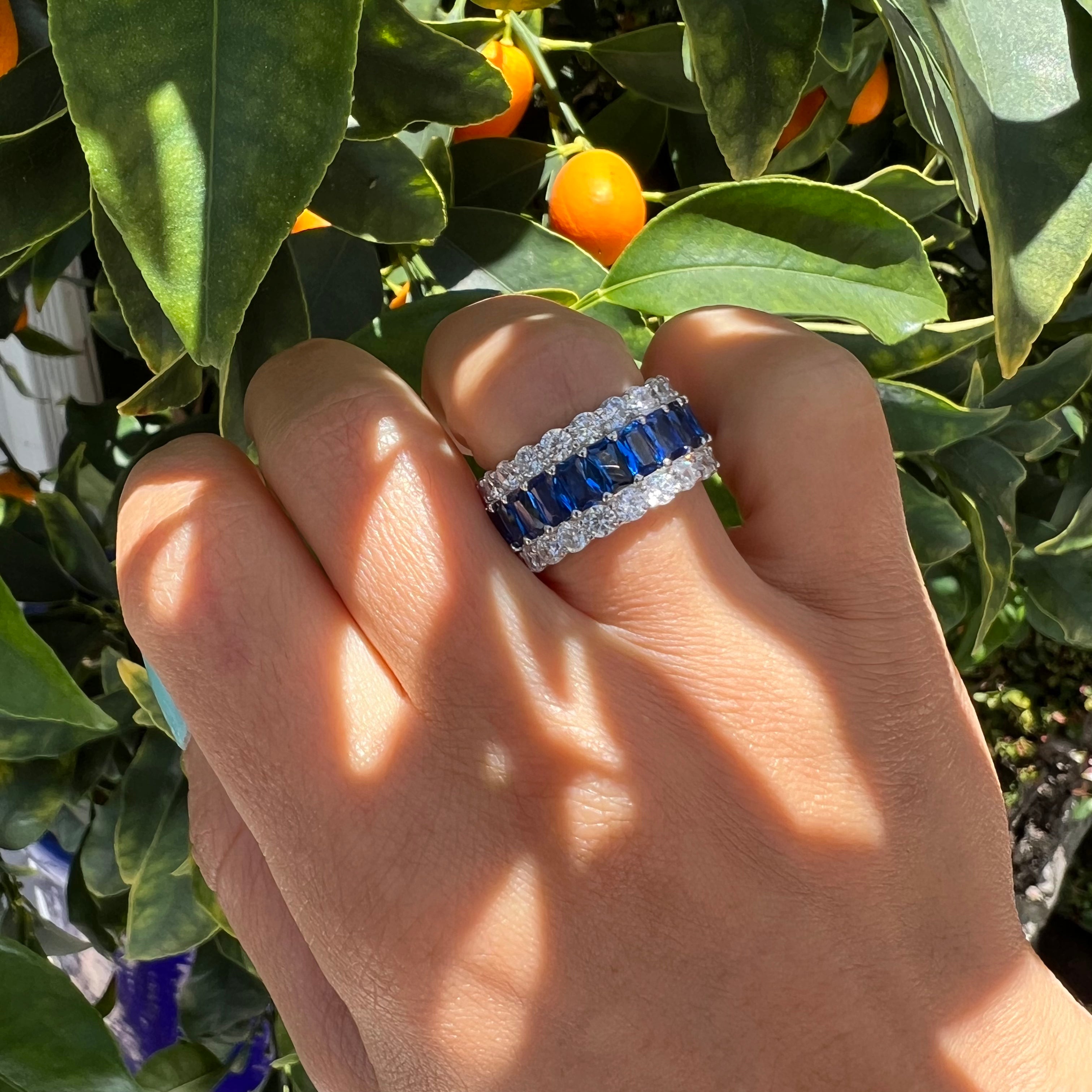 Sterling silver sapphire & clear cz eternity band