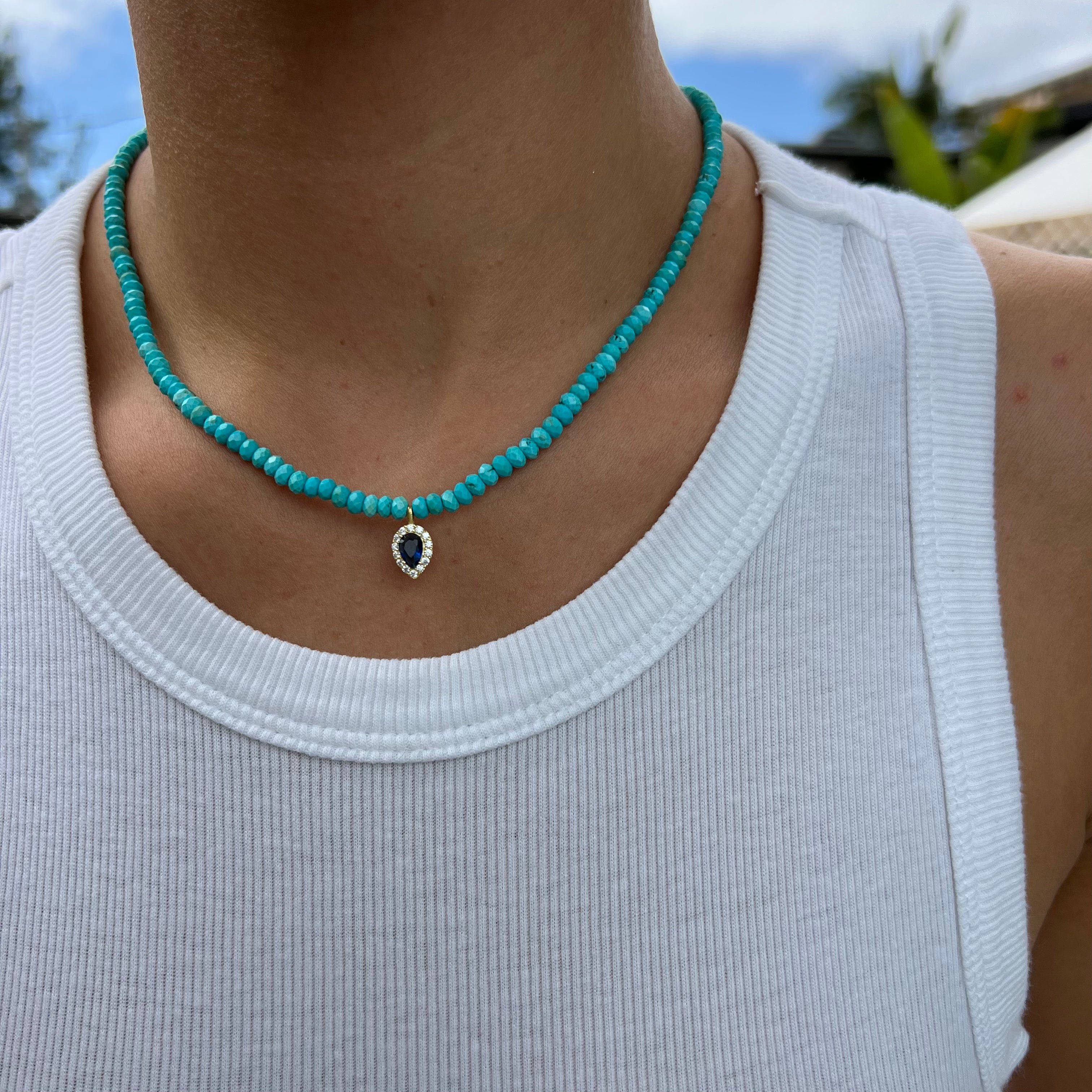 Turquoise beaded sapphire drop stone necklace