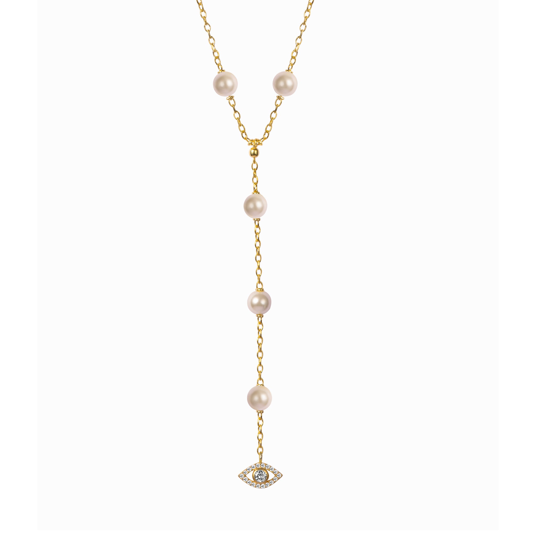 Silver 18kt gold plated pearl necklace lariat with cv pave diamond eye pendant