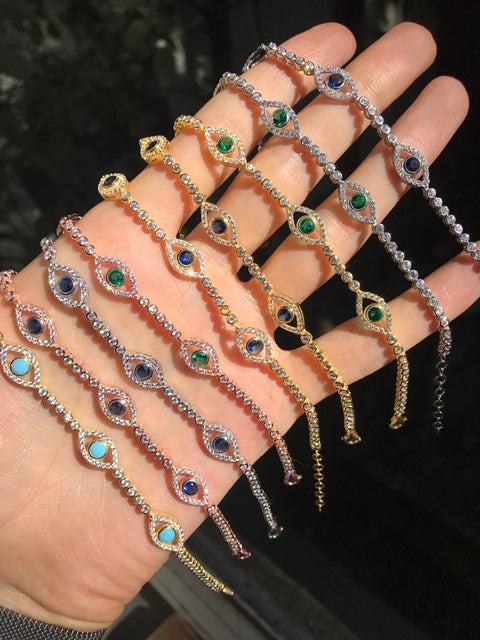 Silver gold plated turquoise tennis eye bracelet