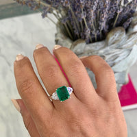 Sterling silver Emerald green ring with half moon side stones