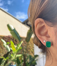 Sterling silver emerald green large rectangular stud earrings