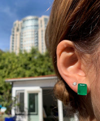 Sterling silver emerald green large rectangular stud earrings