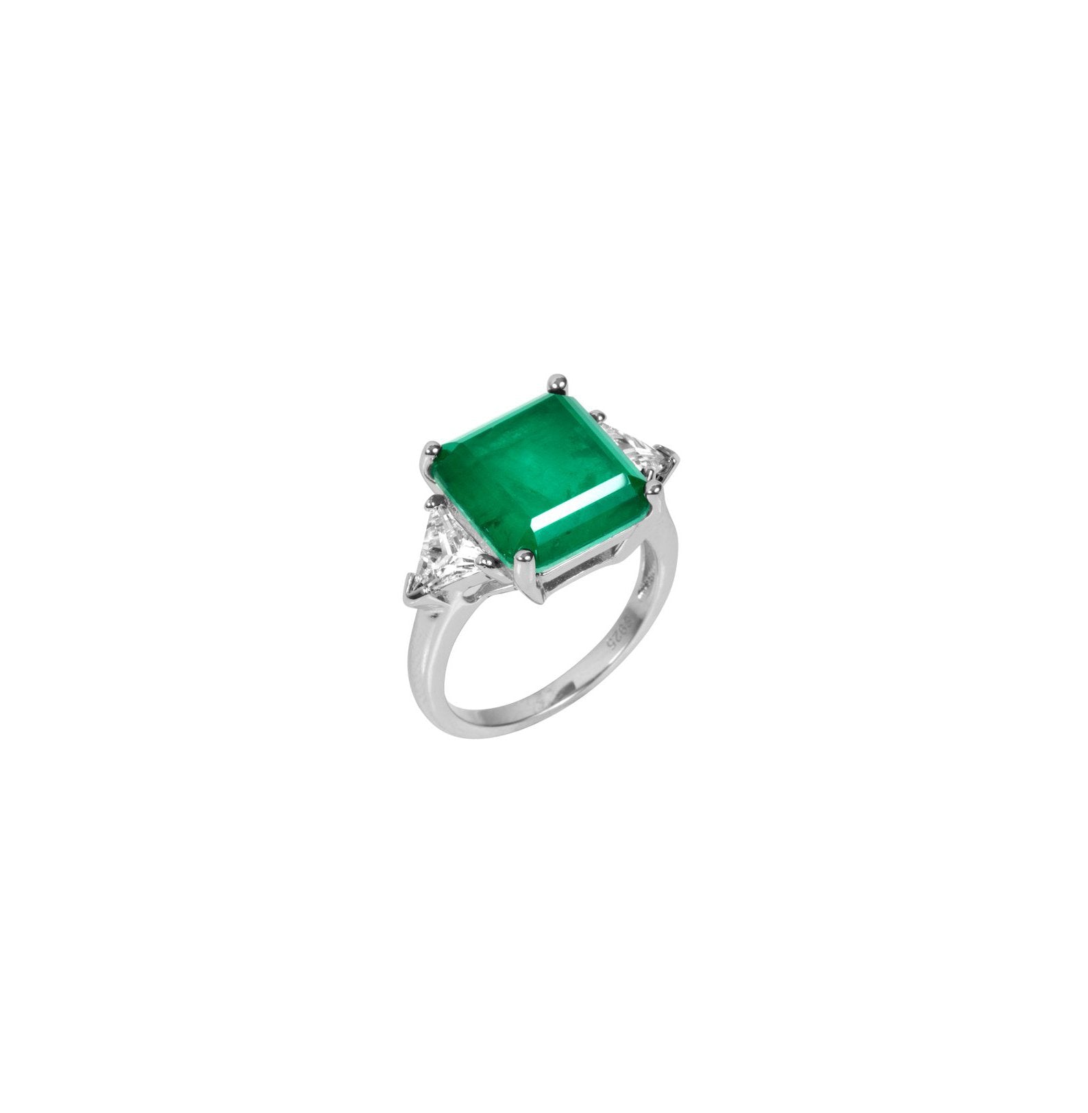 Sterling silver Emerald green ring with triangle cut side stones