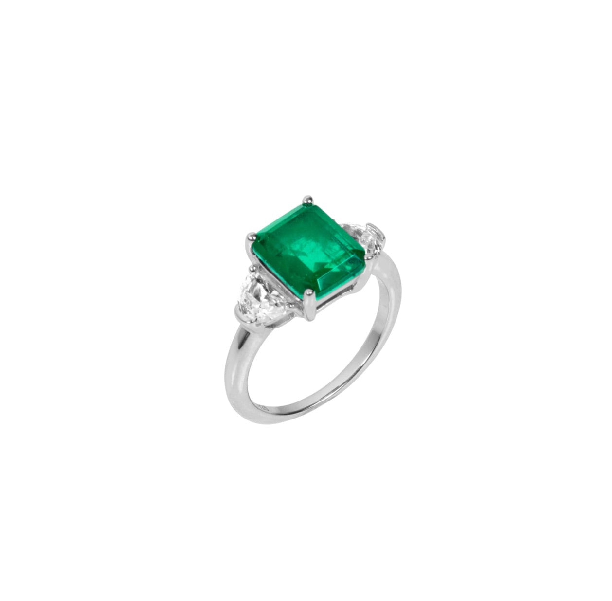 Sterling silver Emerald green ring with half moon side stones