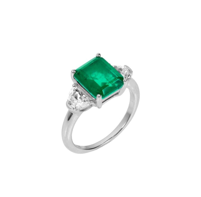 Sterling silver Emerald green ring with half moon side stones