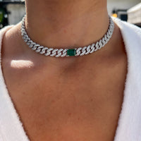 Sterling silver emerald cuban link choker