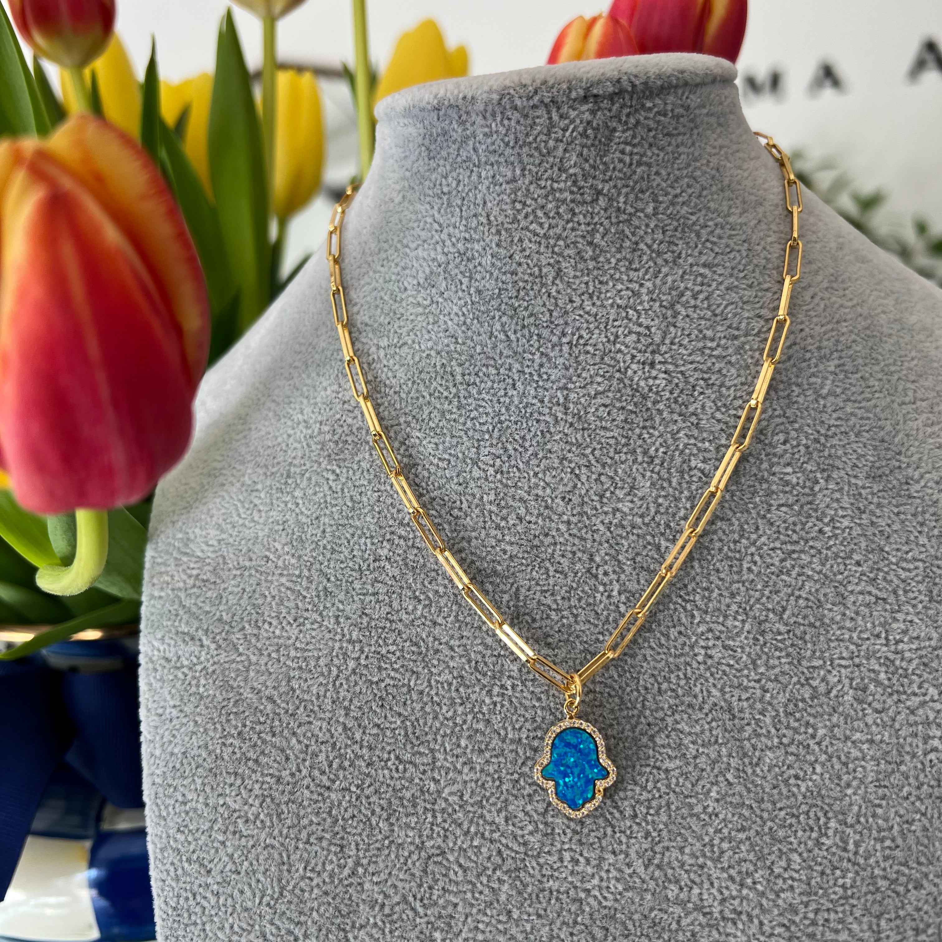 18k gold plated silver blue opal hamsa paperclip necklace