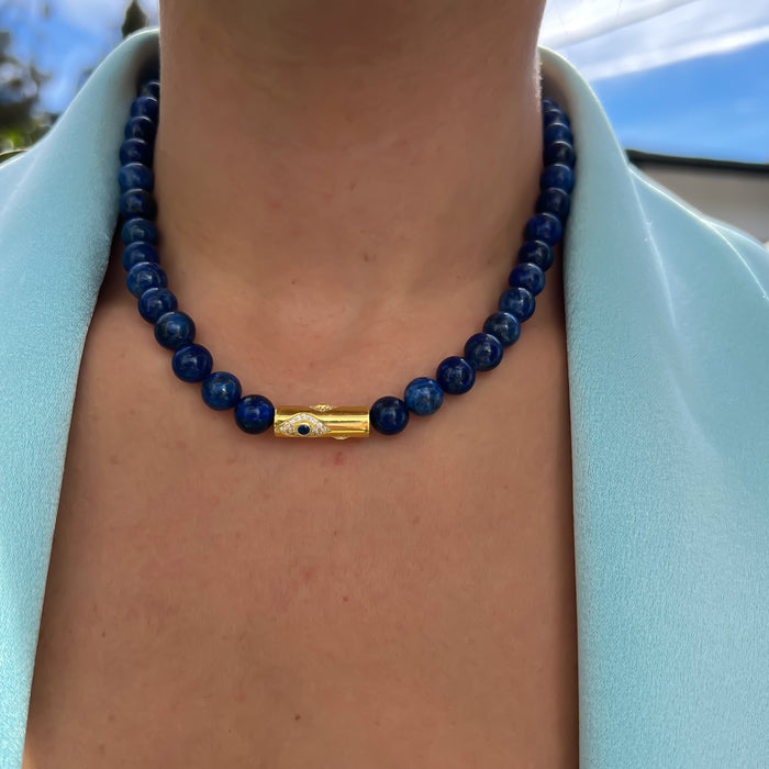 Lapis beaded gold rod eye necklace