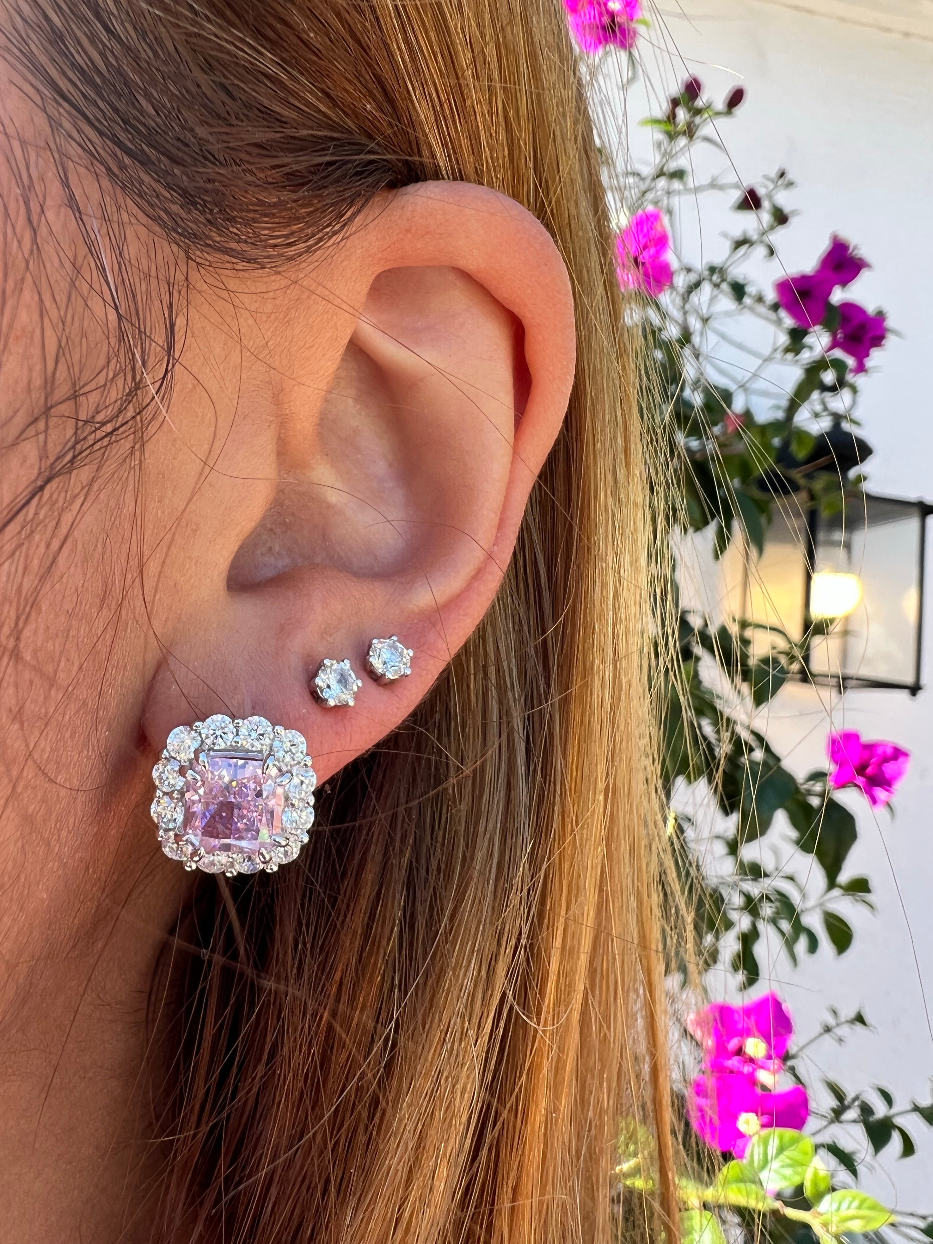 Sterling silver simulated pink sapphire halo studs