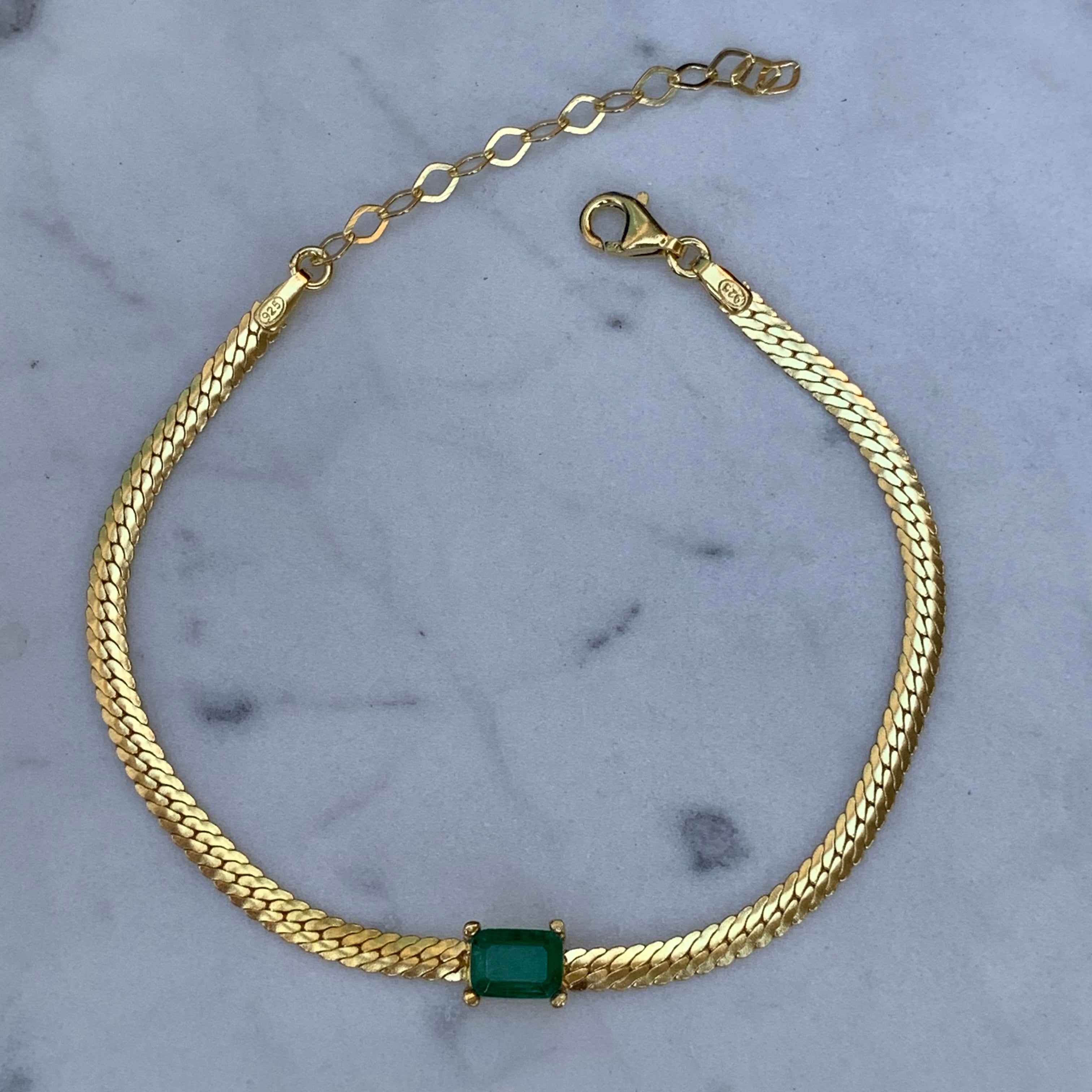 Silver gold plated emerald herringbone bracelet