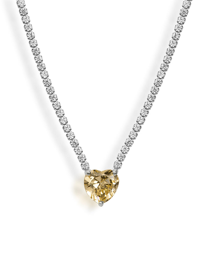 “Duchess” yellow heart sterling silver pave chain necklace