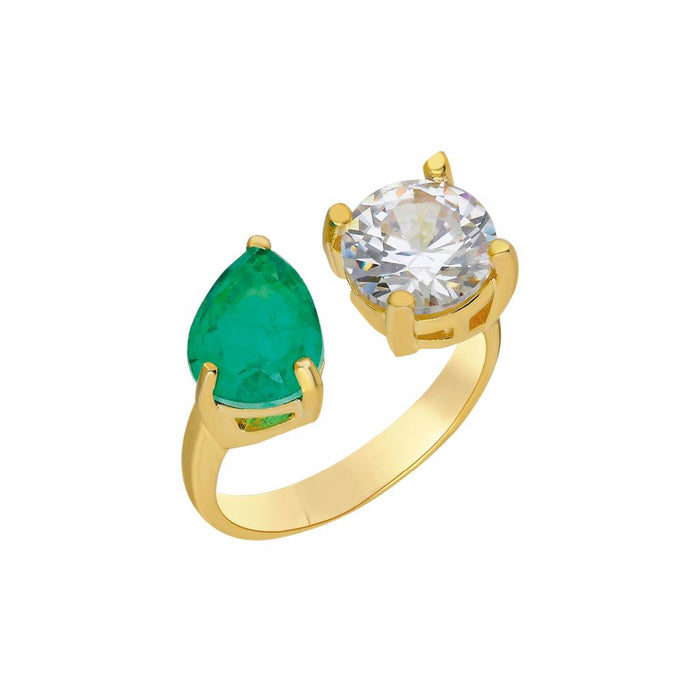 Silver gold plated round & pear emerald ring