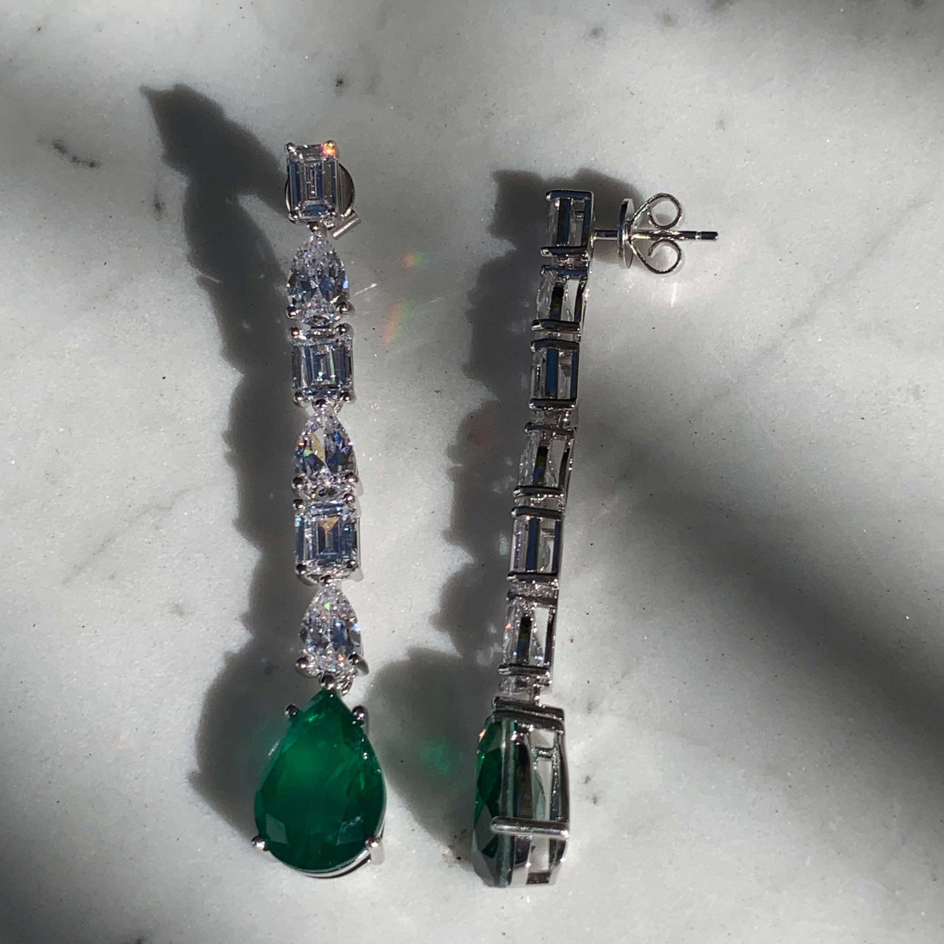 Sterling silver pear shaped drop emerald earrings
