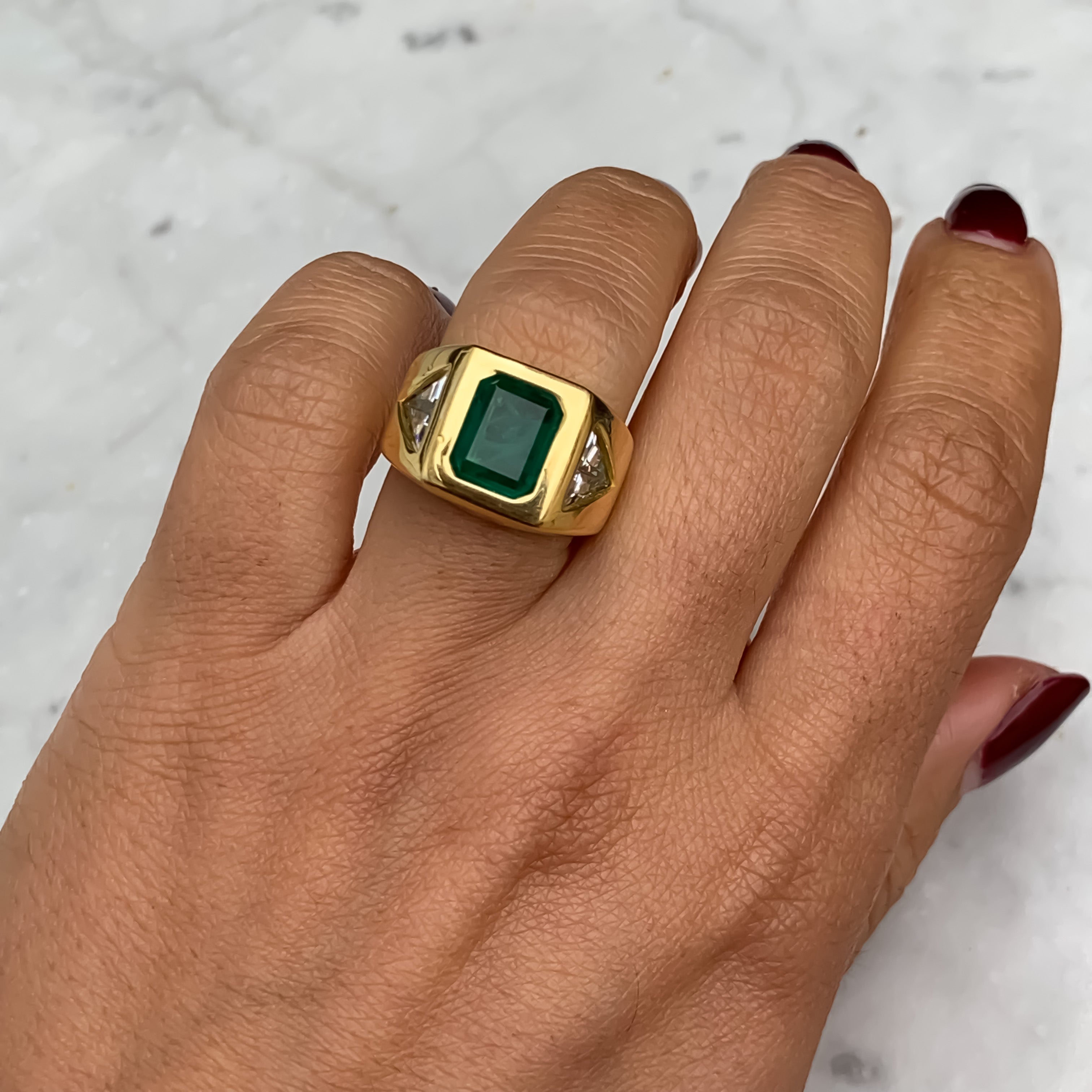 Silver gold plated emerald & trillion signet ring