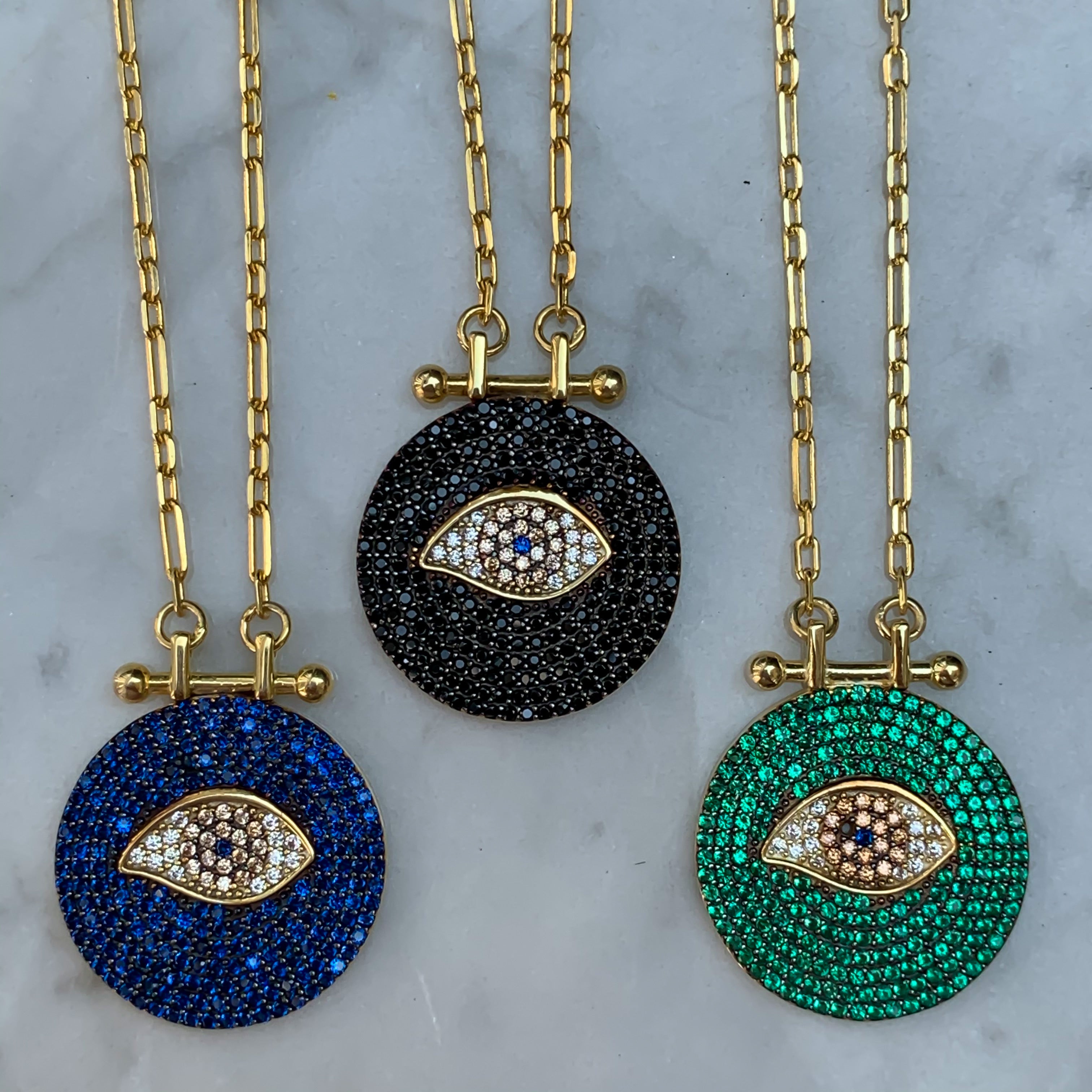 PRE-ORDER “Mallorca” Sterling silver gold plated eye necklace in blue