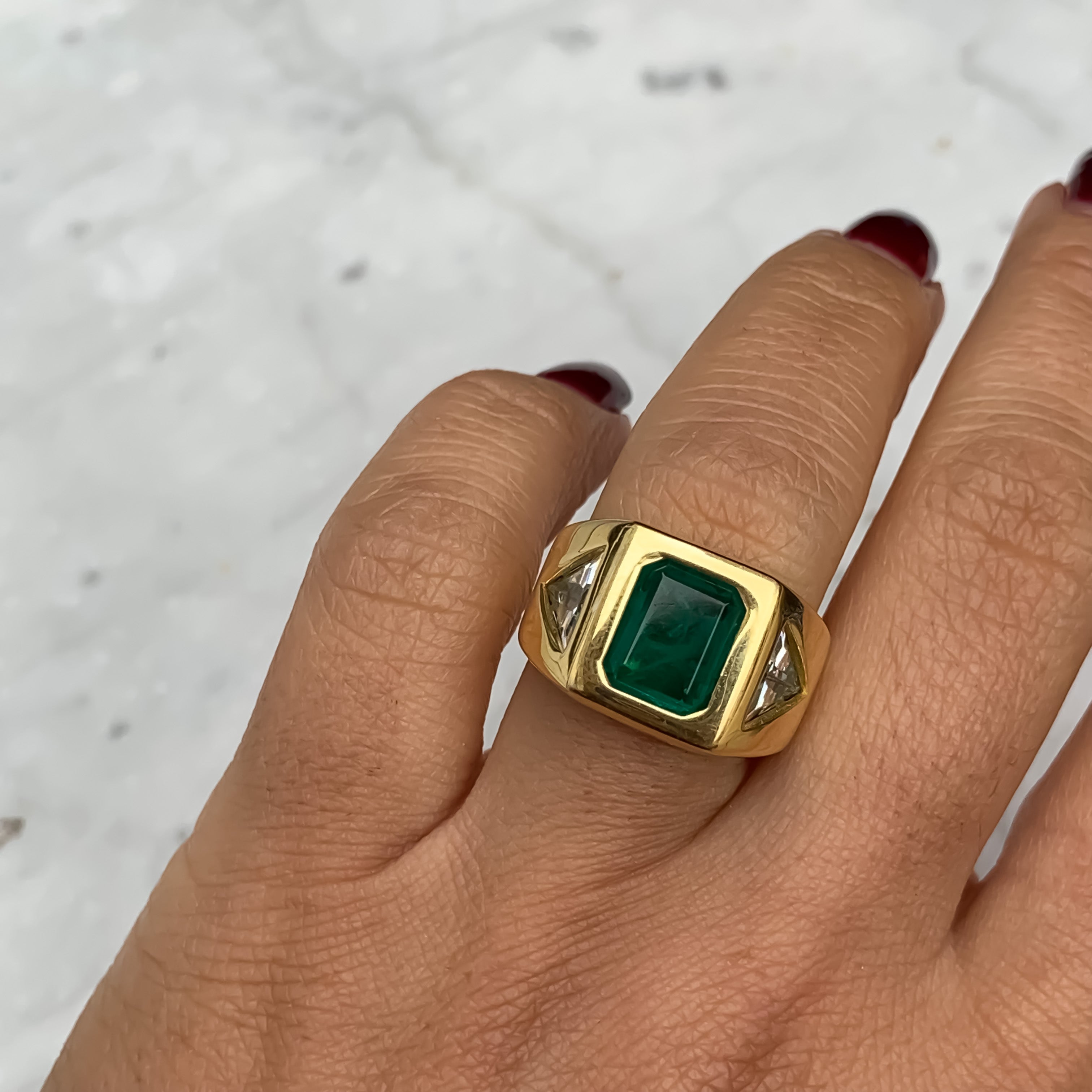 Silver gold plated emerald & trillion signet ring