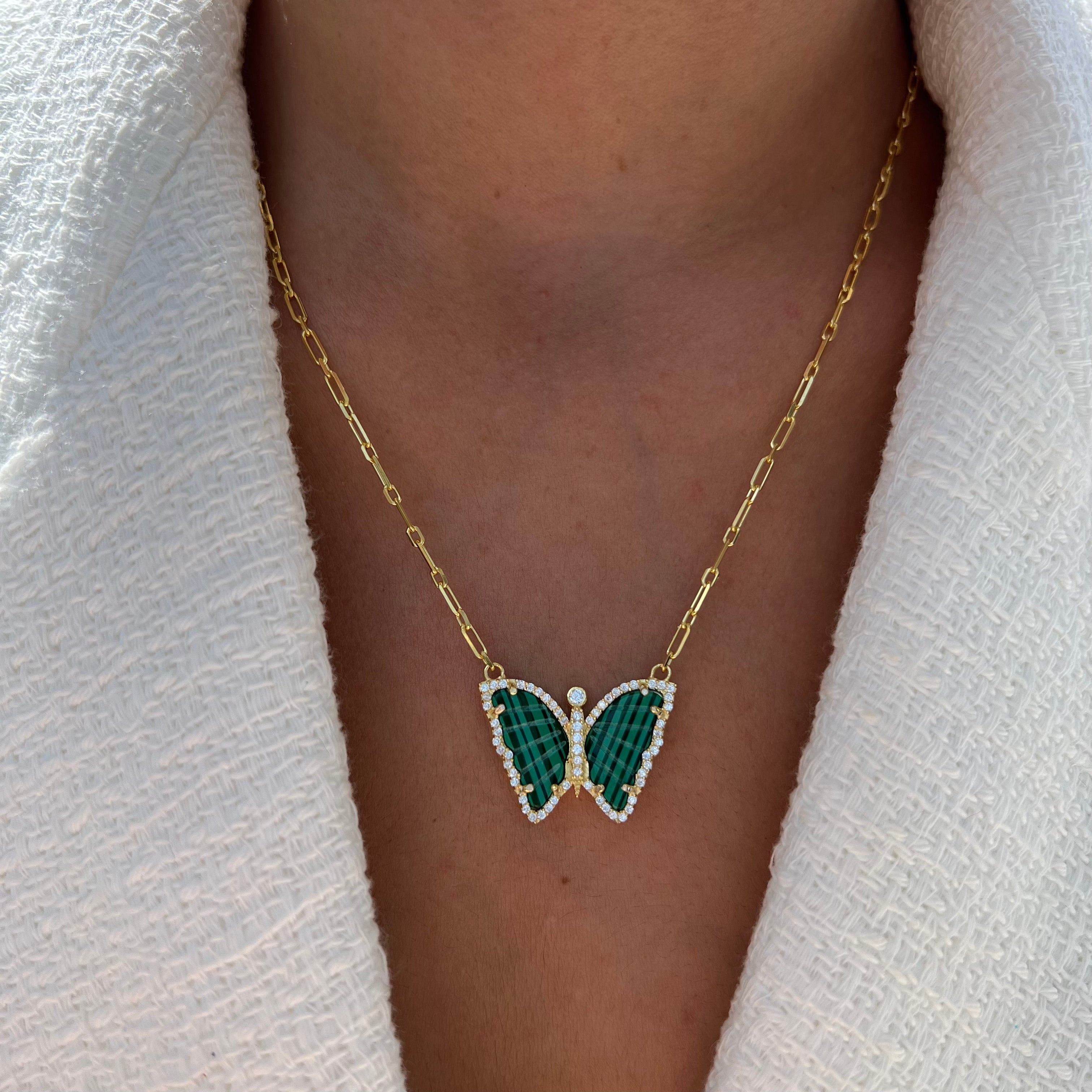 Silver gold plated malachite butterfly necklace