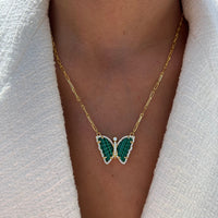 Silver gold plated malachite butterfly necklace