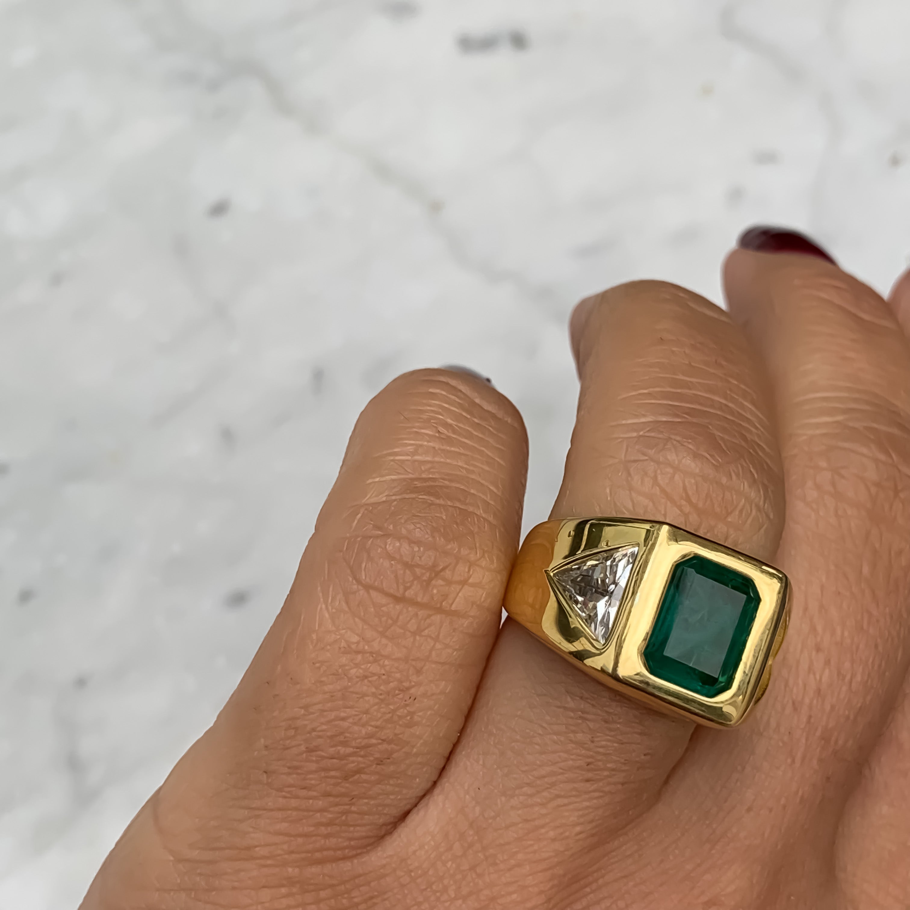 Silver gold plated emerald & trillion signet ring