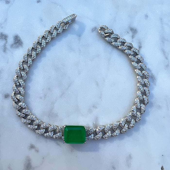 Sterling rectangle emerald cuban link bracelet