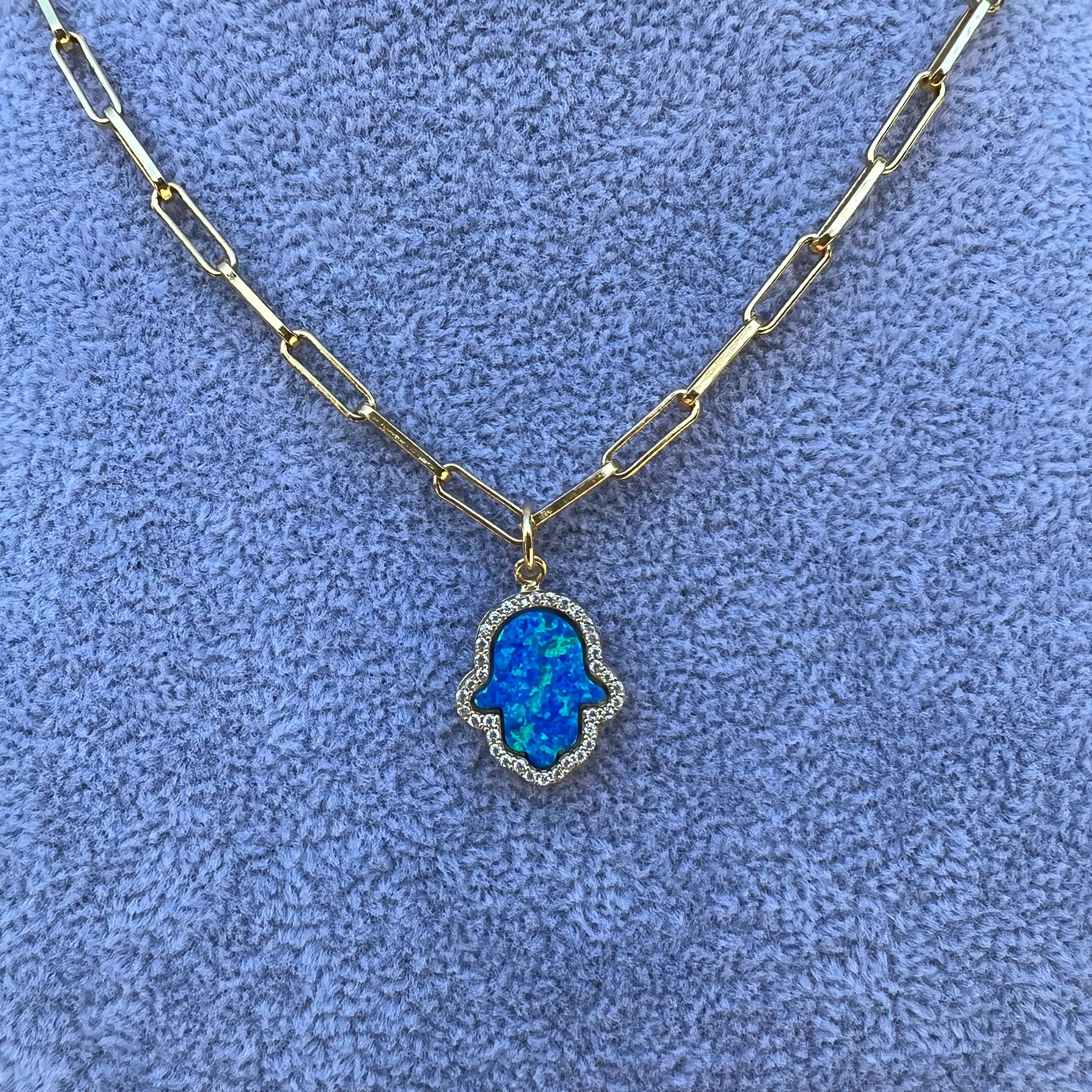 18k gold plated silver blue opal hamsa paperclip necklace