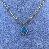 18k gold plated silver blue opal hamsa paperclip necklace