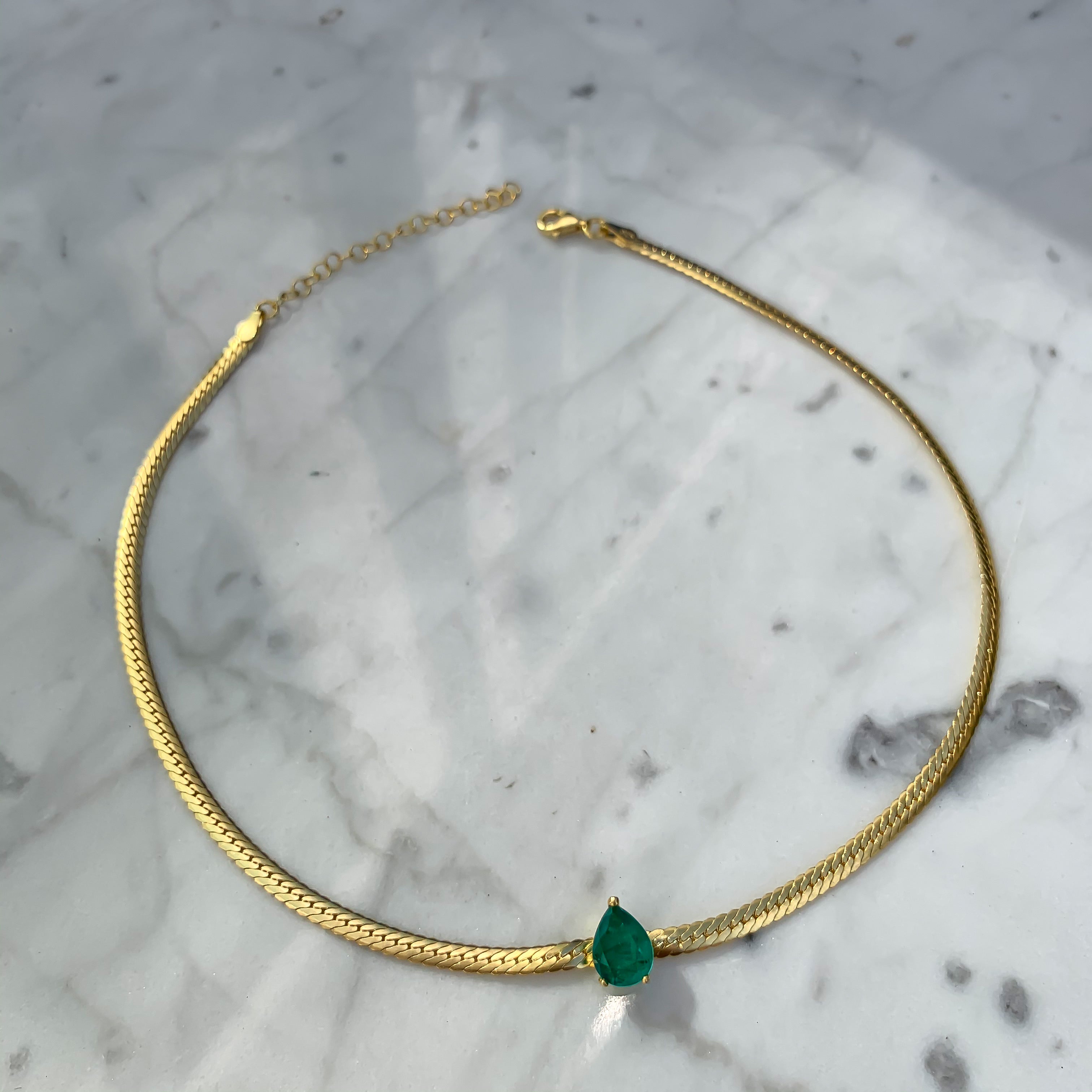 Silver gold plated pear emerald herringbone choker