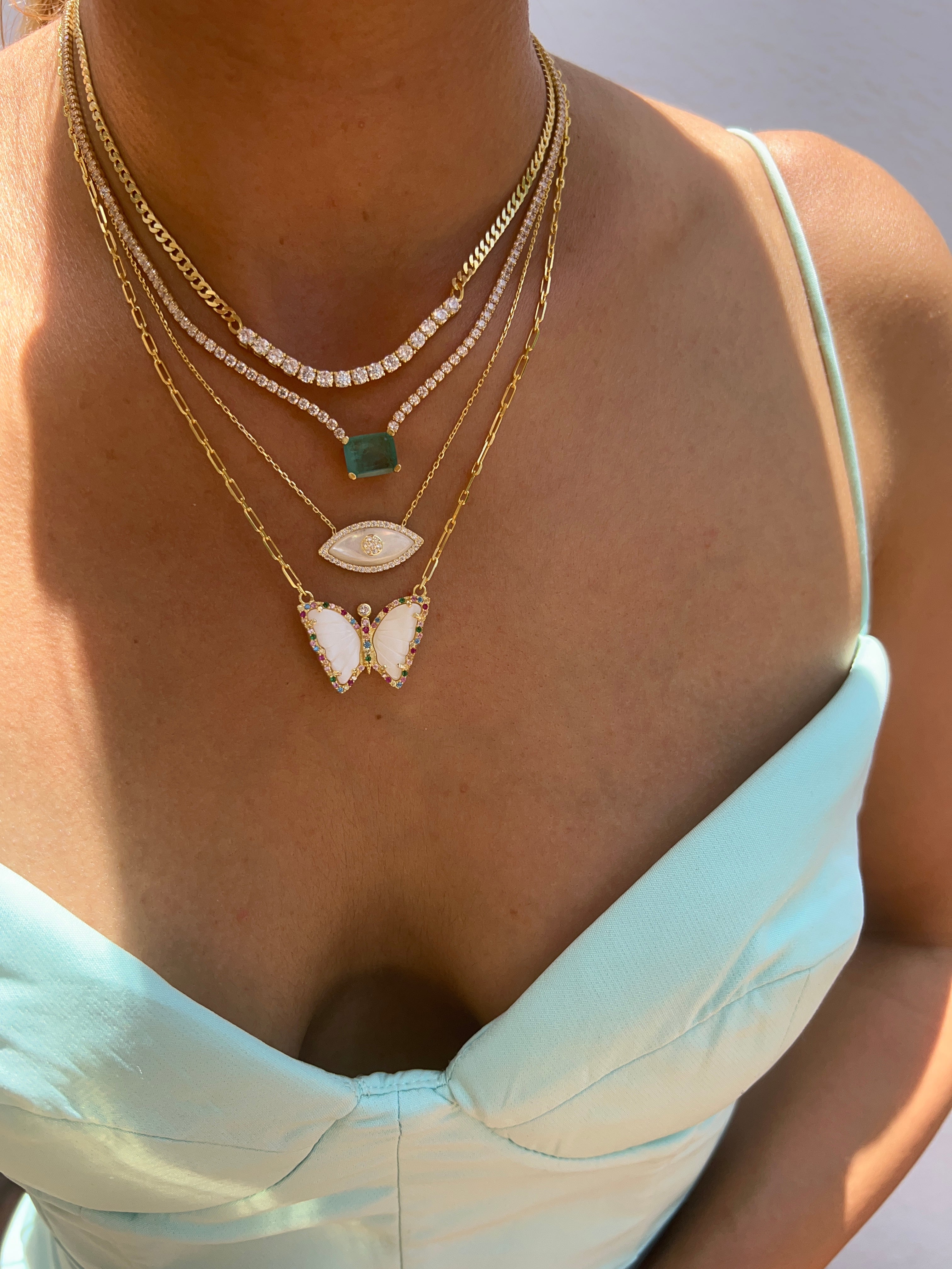 Silver gold plated mother of pearl rainbow butterfly necklace