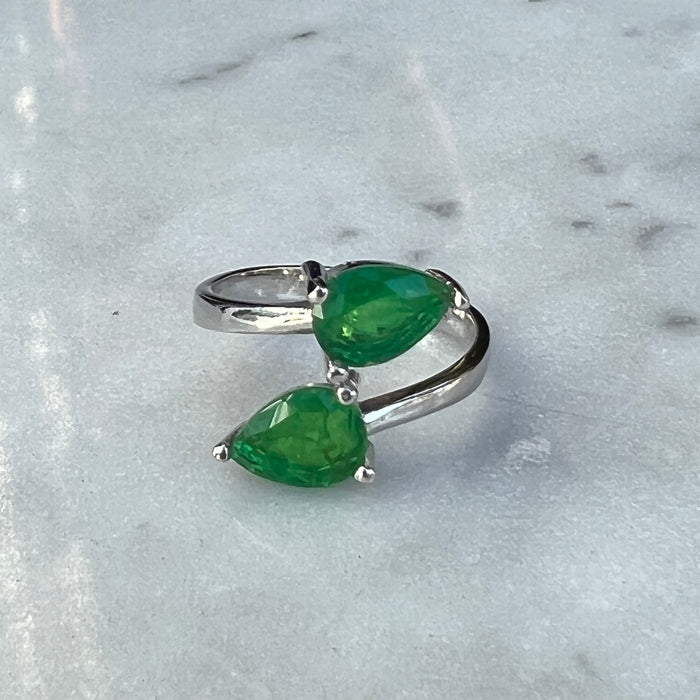 Sterling silver double pear emerald ring