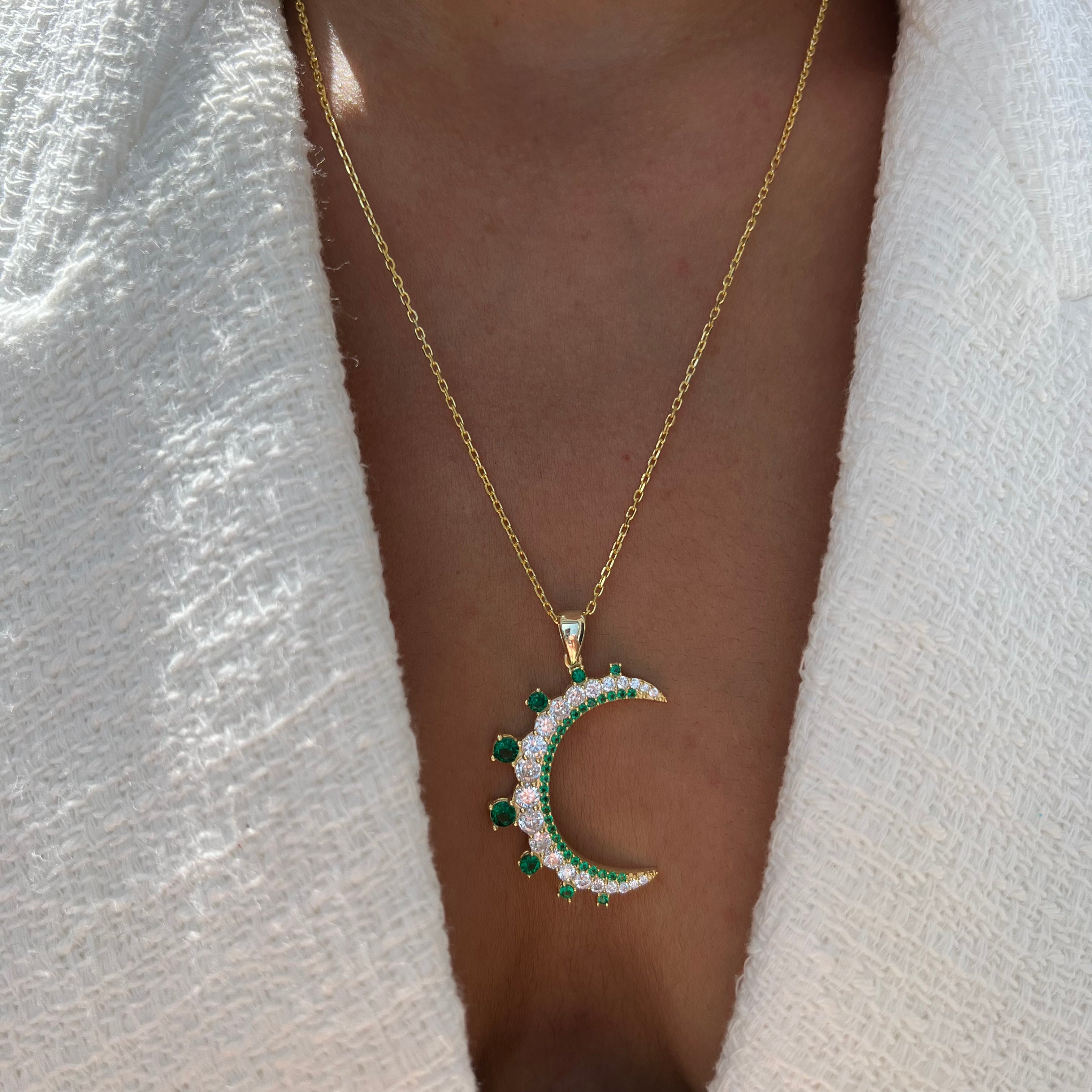“Mezzaluna” gold green pave crescent necklace