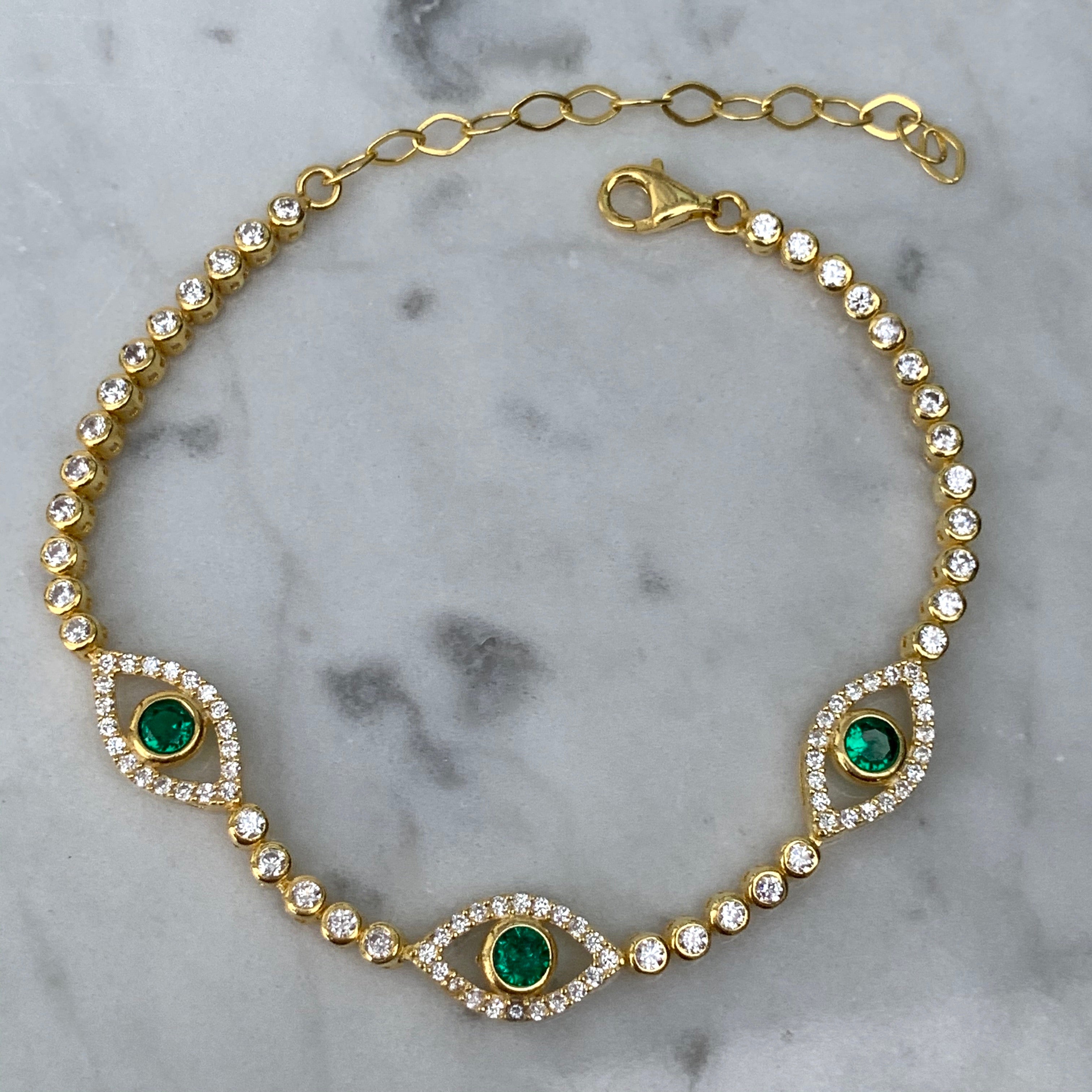 Silver gold plated classic green tennis eye bracelet