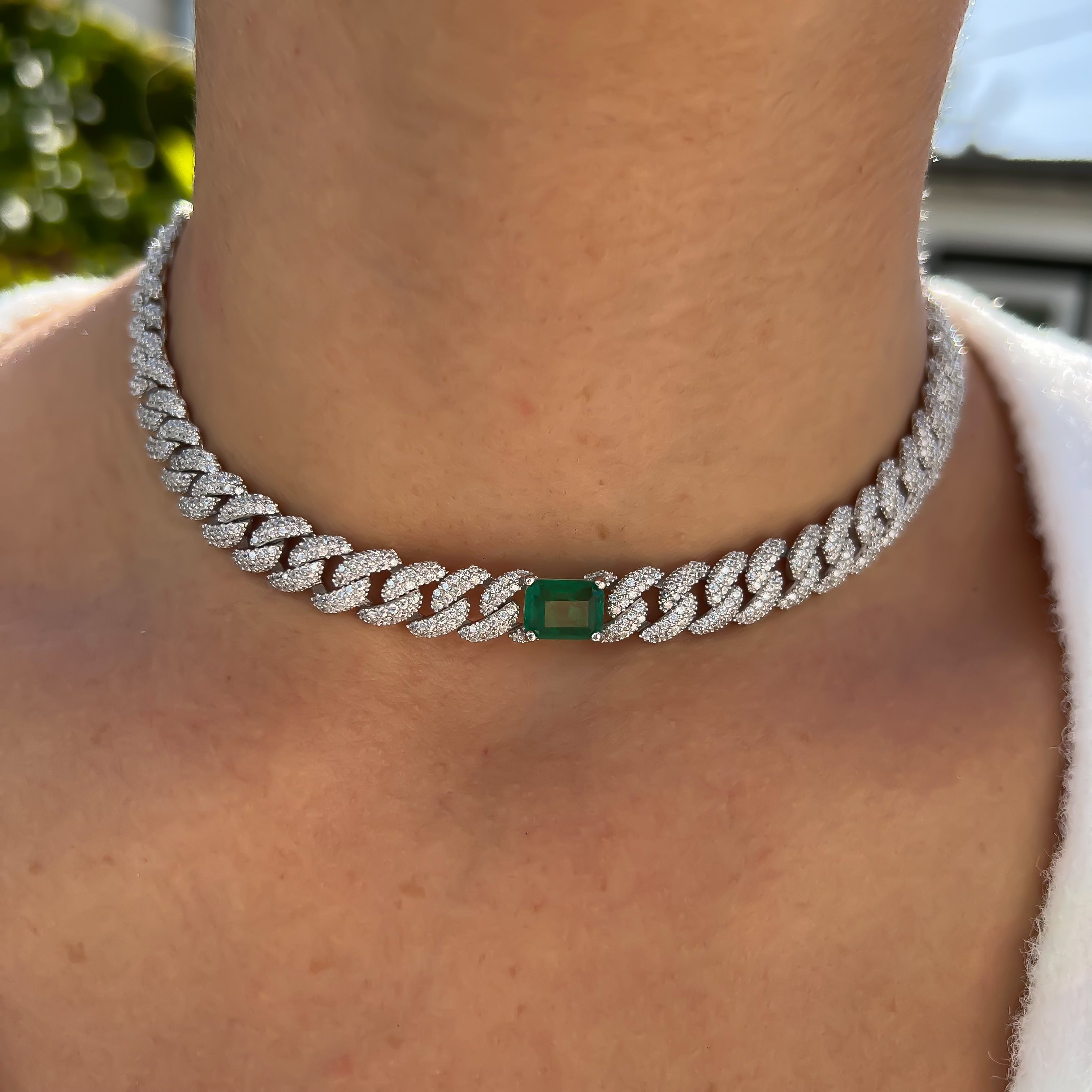 Sterling silver emerald cuban link choker