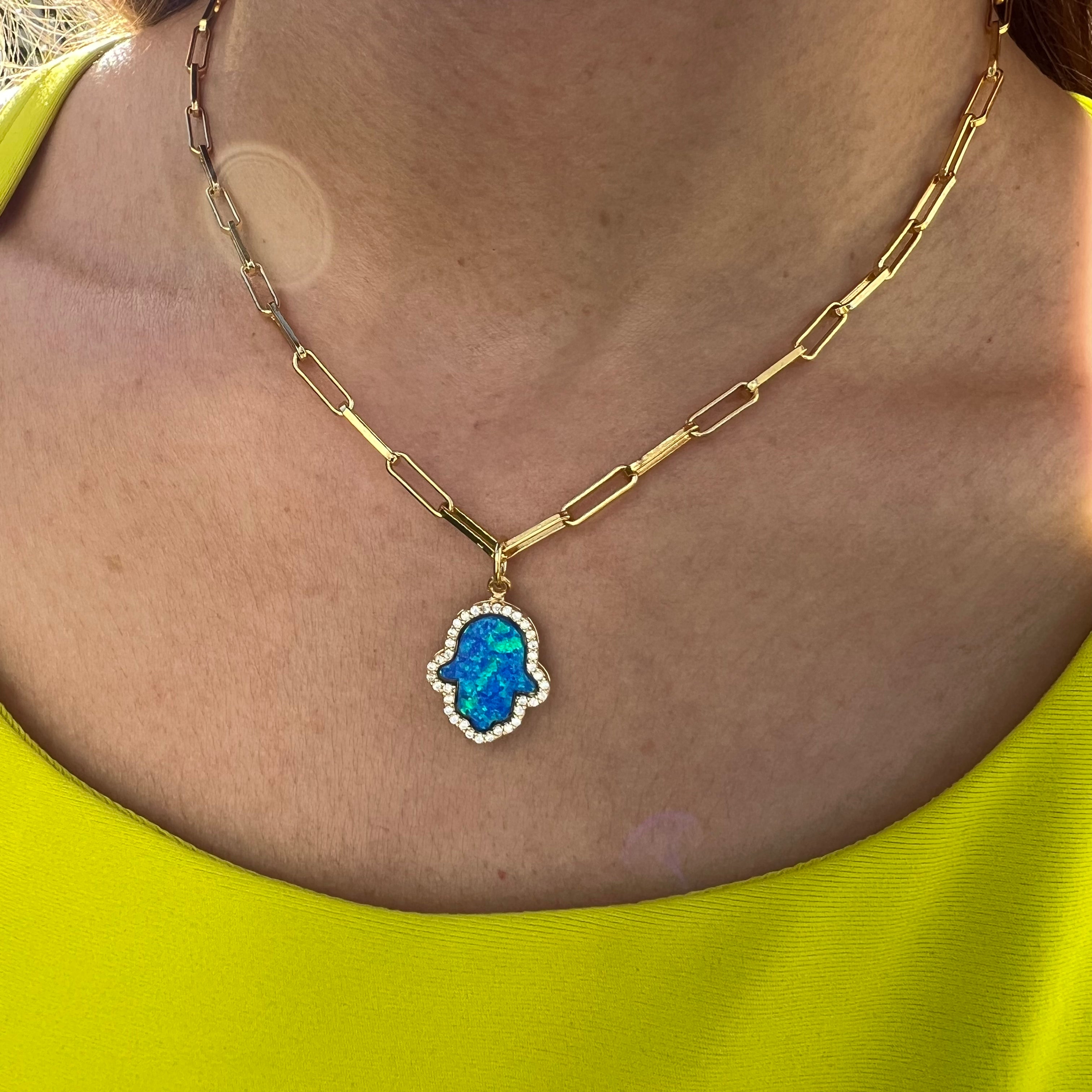18k gold plated silver blue opal hamsa paperclip necklace