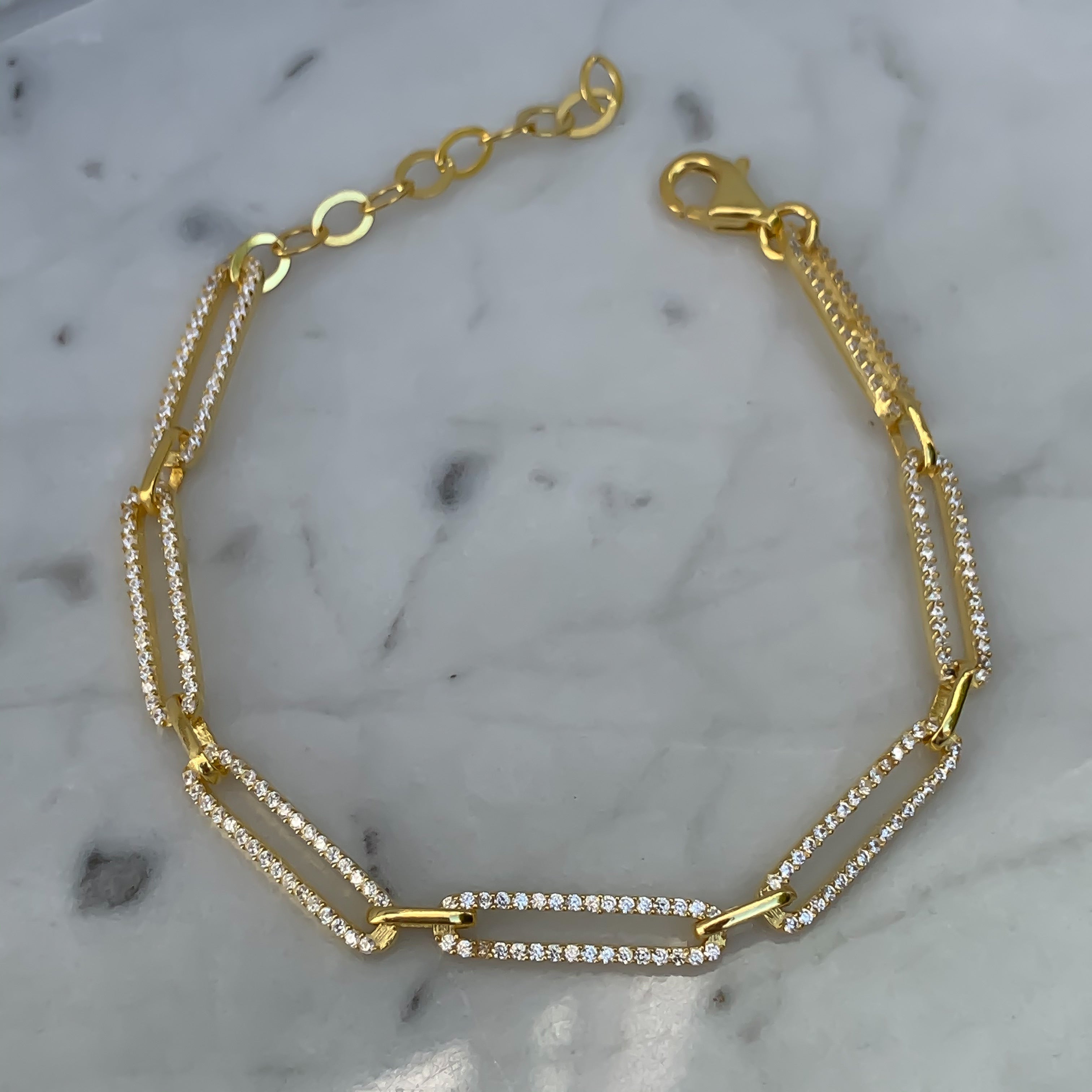 Silver gold plated cz diamond paperclip chain bracelet