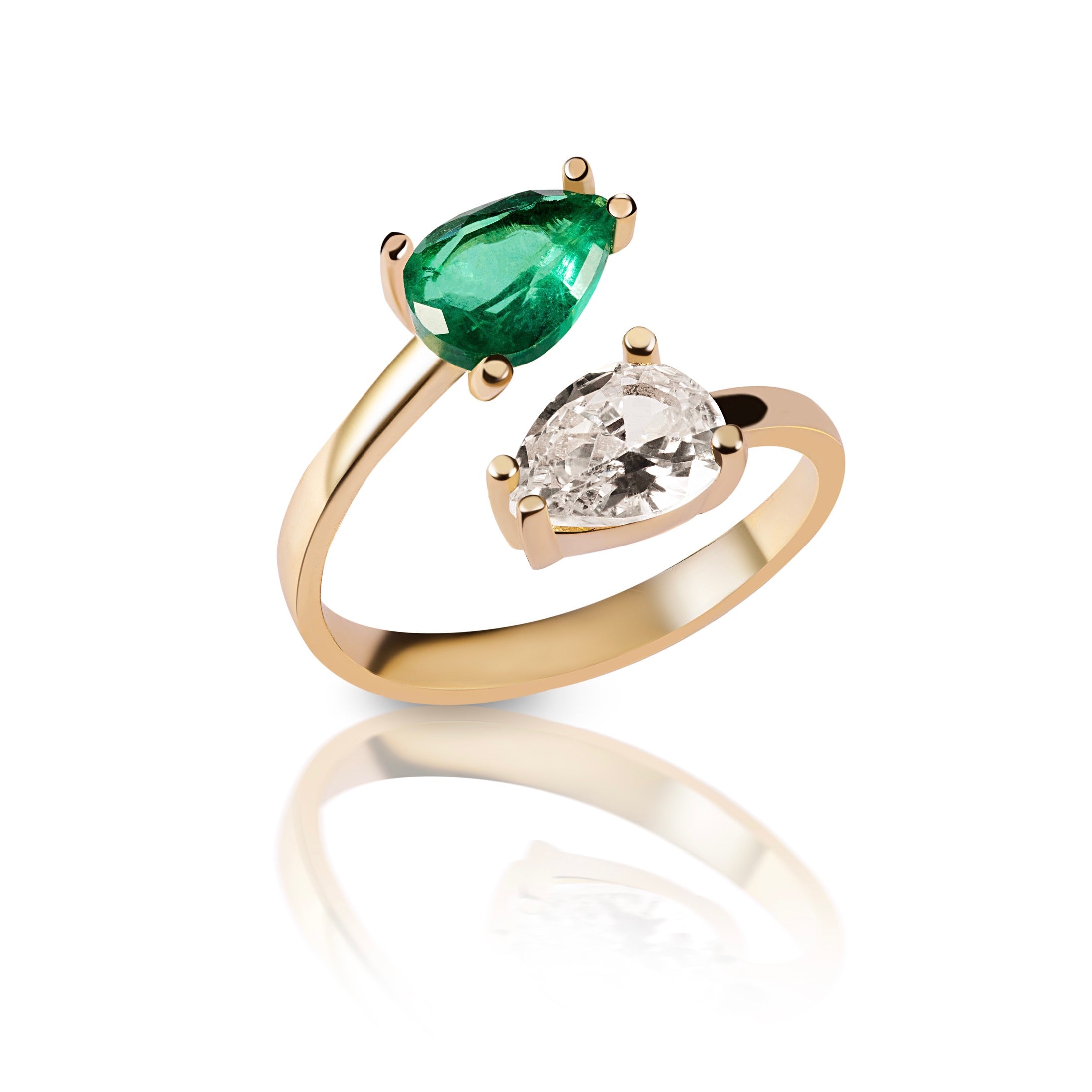 Silver gold plated pear & cz emerald ring