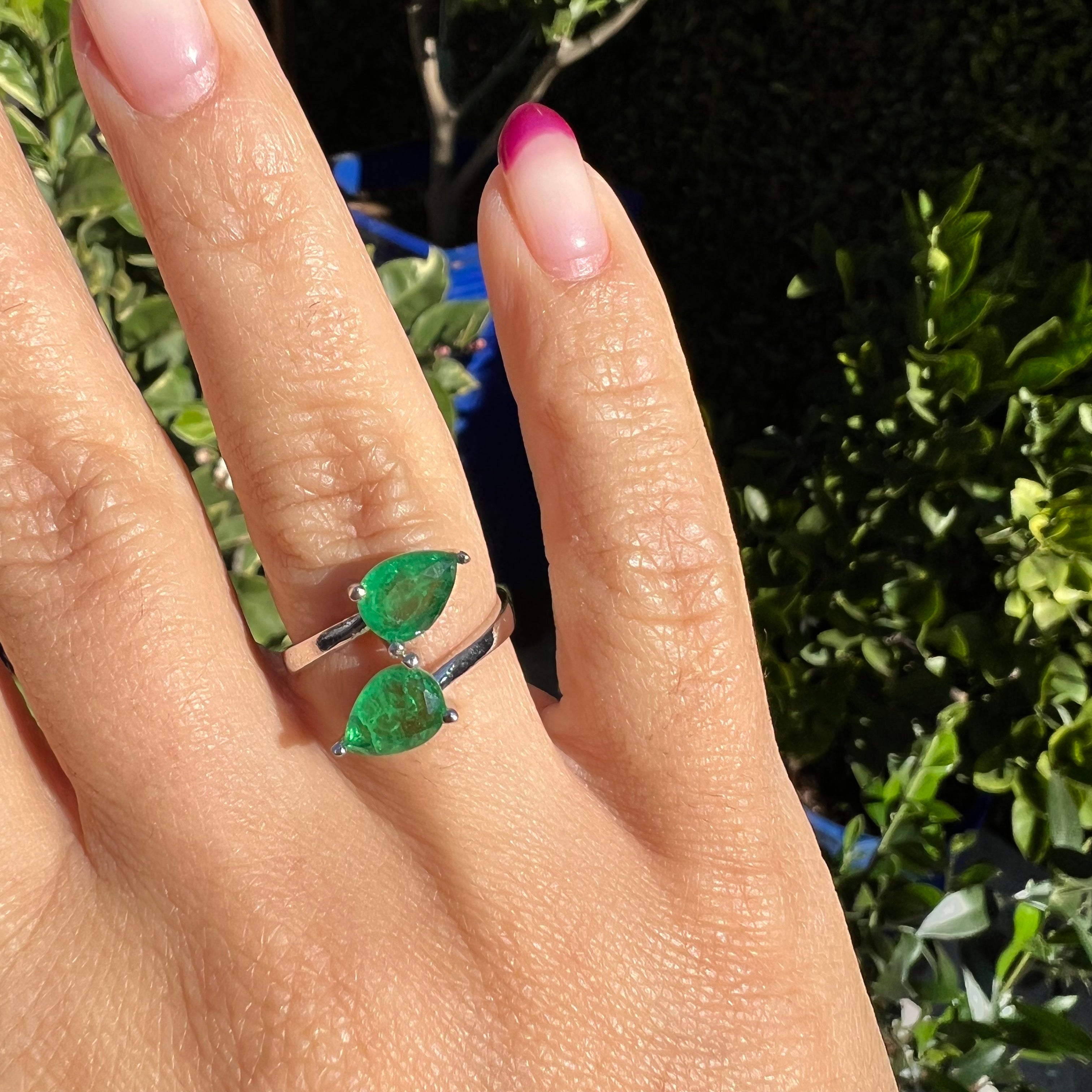 Sterling silver double pear emerald ring
