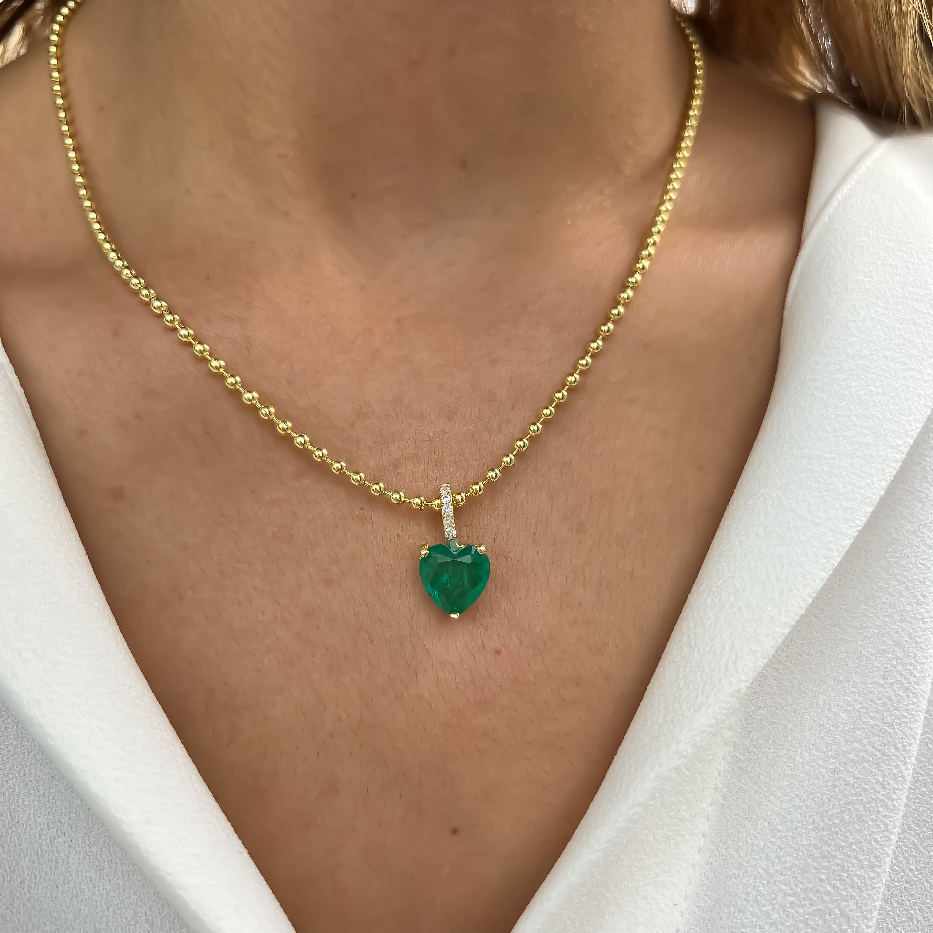 Silver gold plated bead chain emerald heart necklace