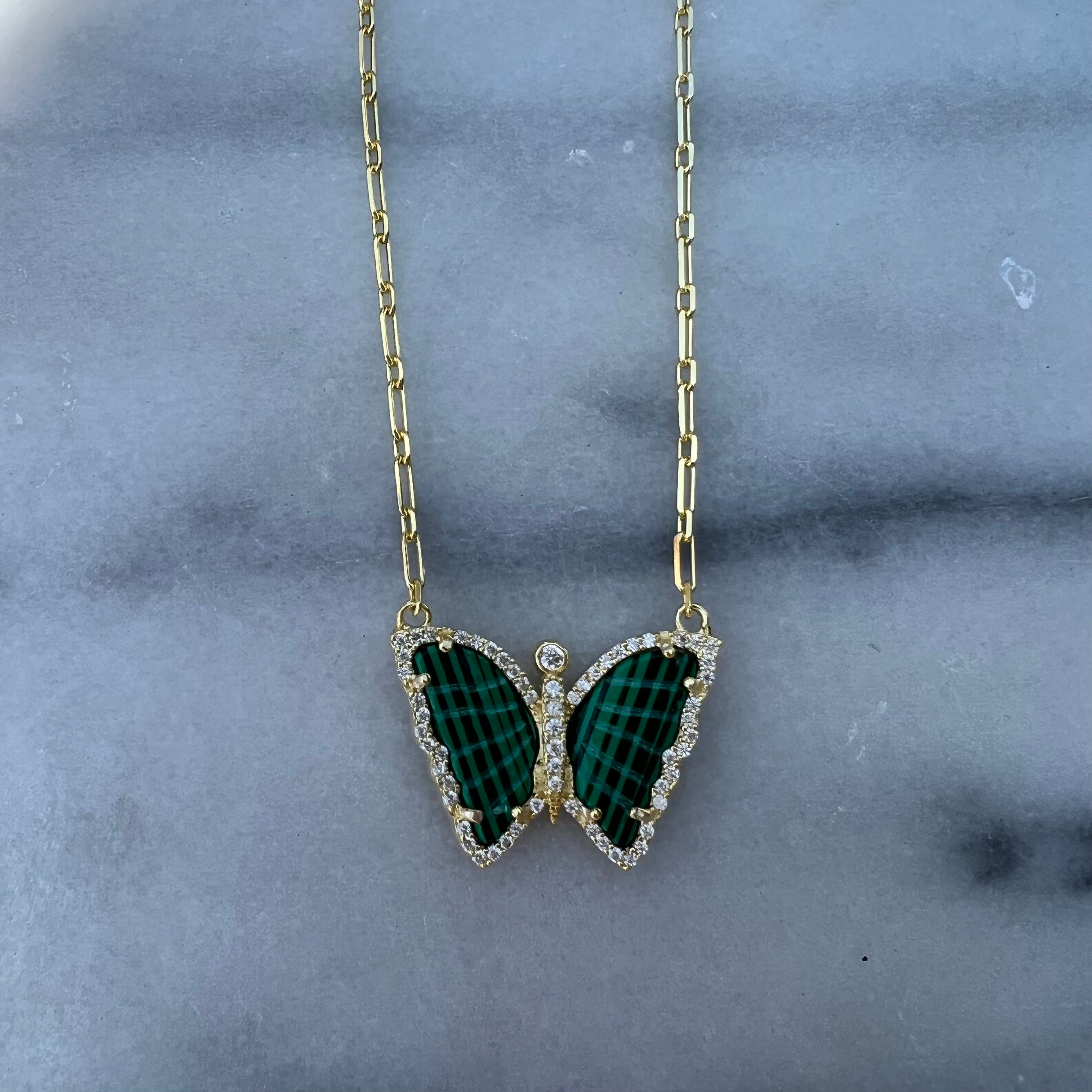 Silver gold plated malachite butterfly necklace