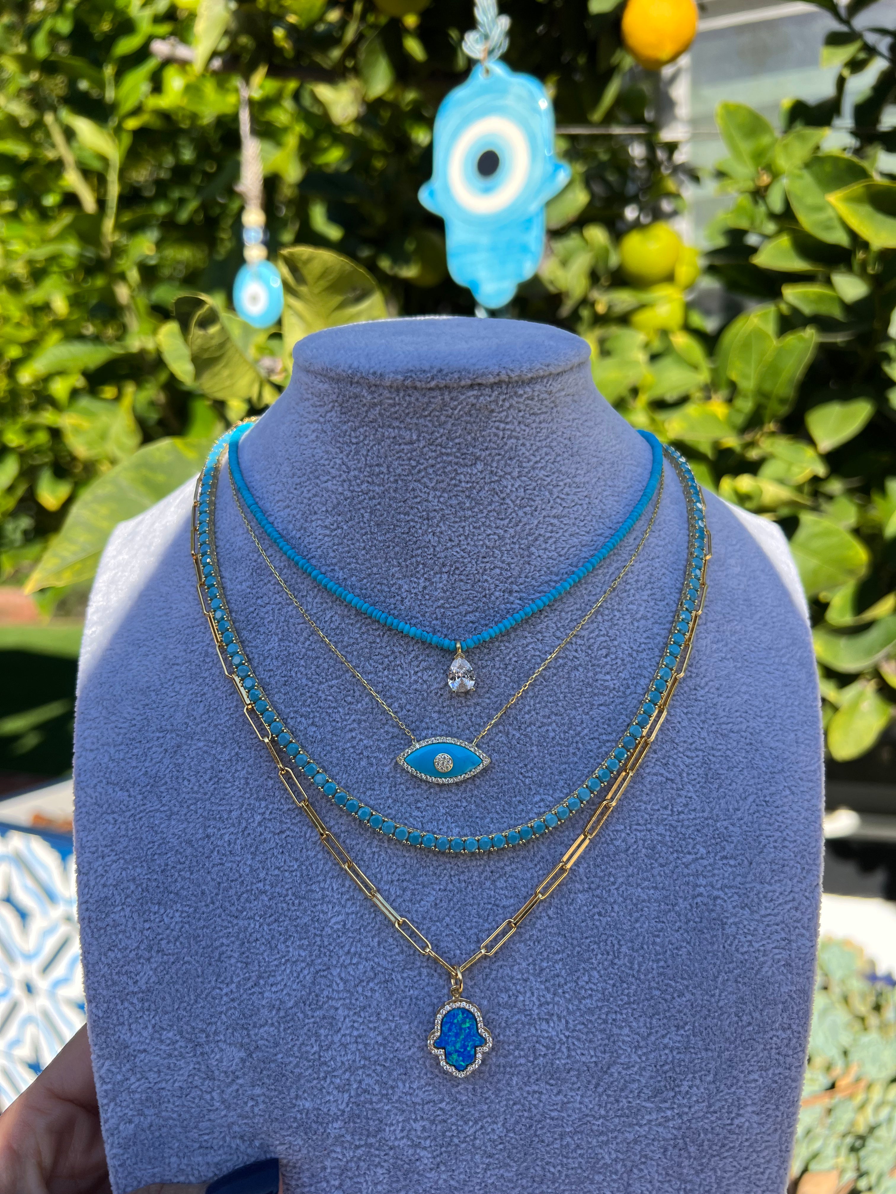 18k gold plated silver blue opal hamsa paperclip necklace