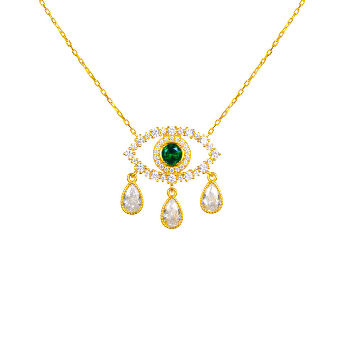 Gold plated green “Diamond Tears" eye necklace