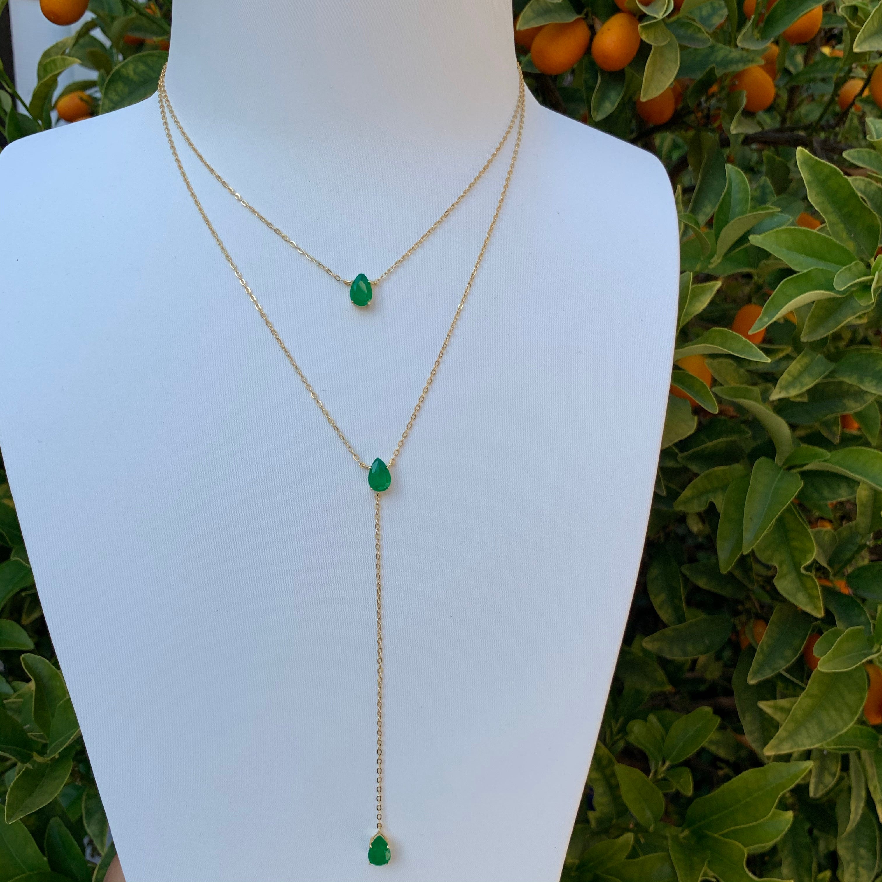 Silver gold plated emerald lariat necklace set