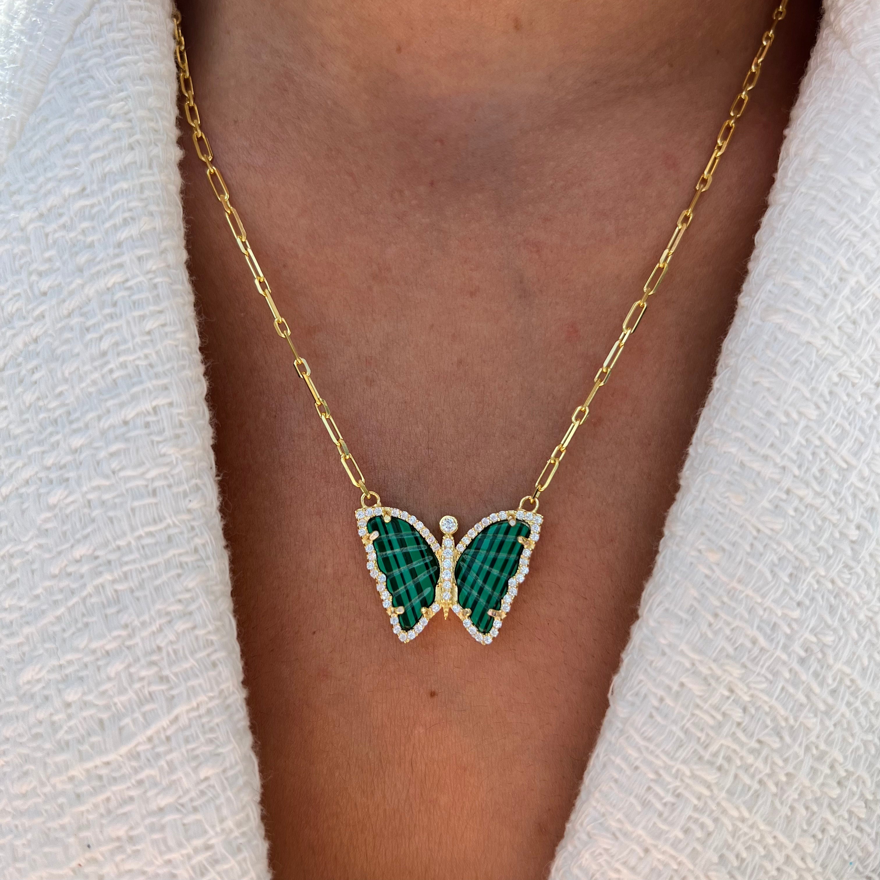 14kt gold and diamond malachite baby butterfly necklace