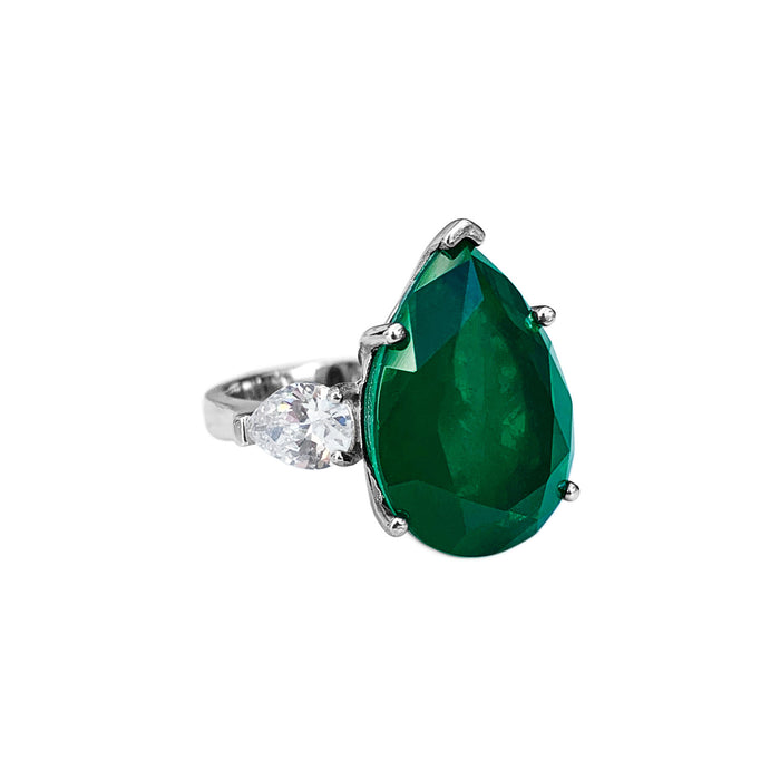 Sterling silver pear shaped emerald ring