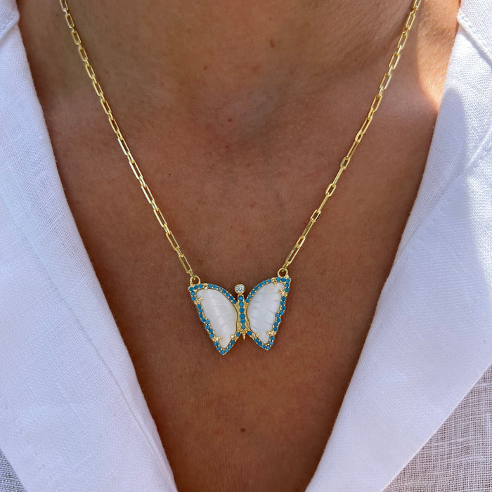 Silver gold plated mother of pearl turquoise butterfly necklace