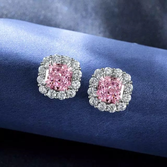 Sterling silver simulated pink sapphire halo studs