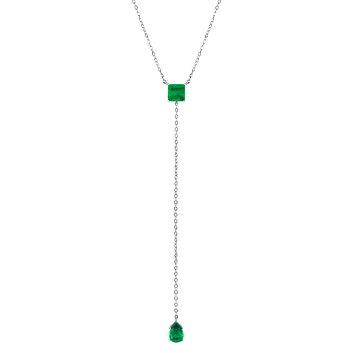 Sterling silver square & pear emerald lariat necklace