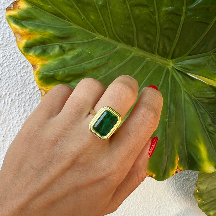 Silver gold plated large emerald cocktail ring