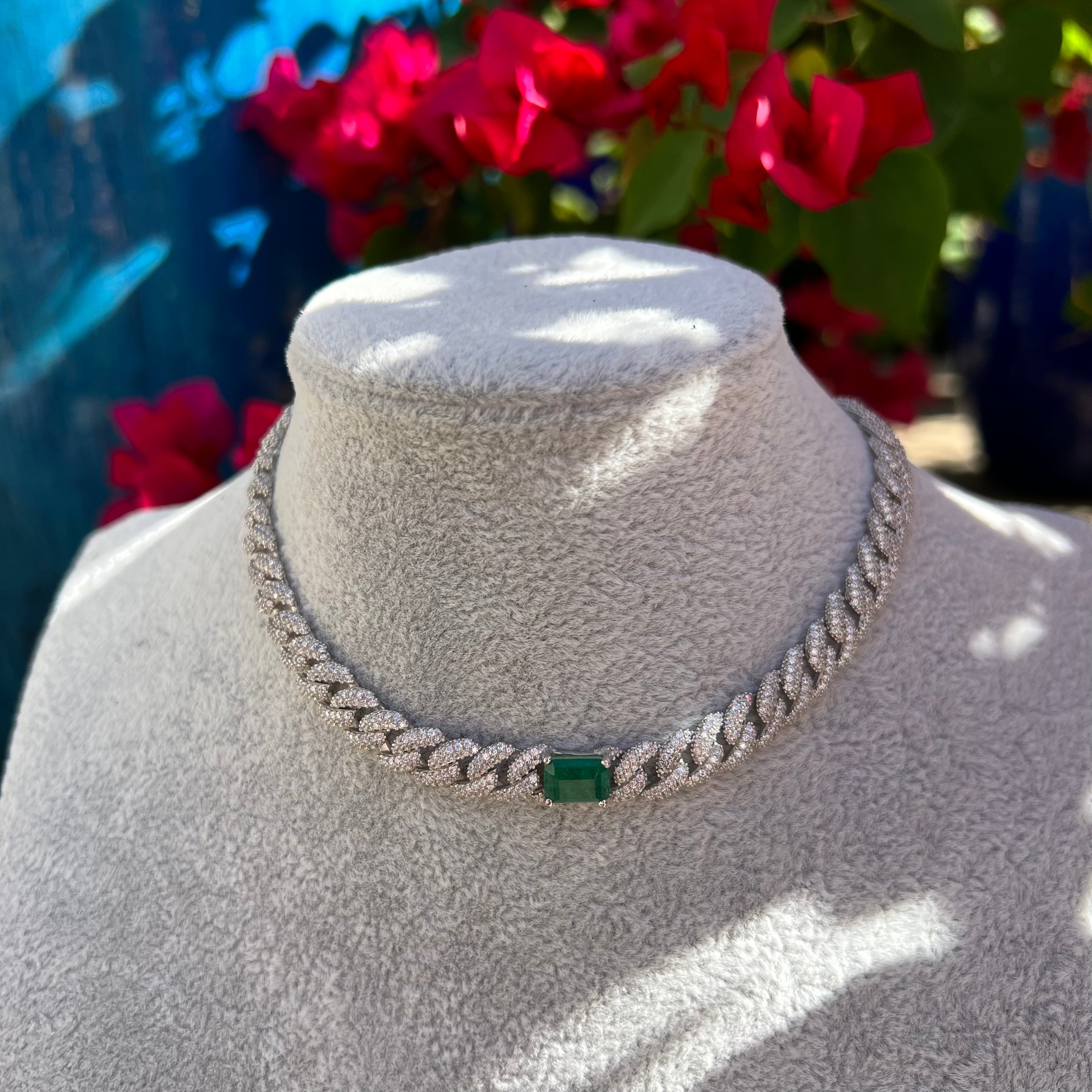 Sterling silver emerald cuban link choker