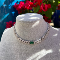 Sterling silver emerald cuban link choker